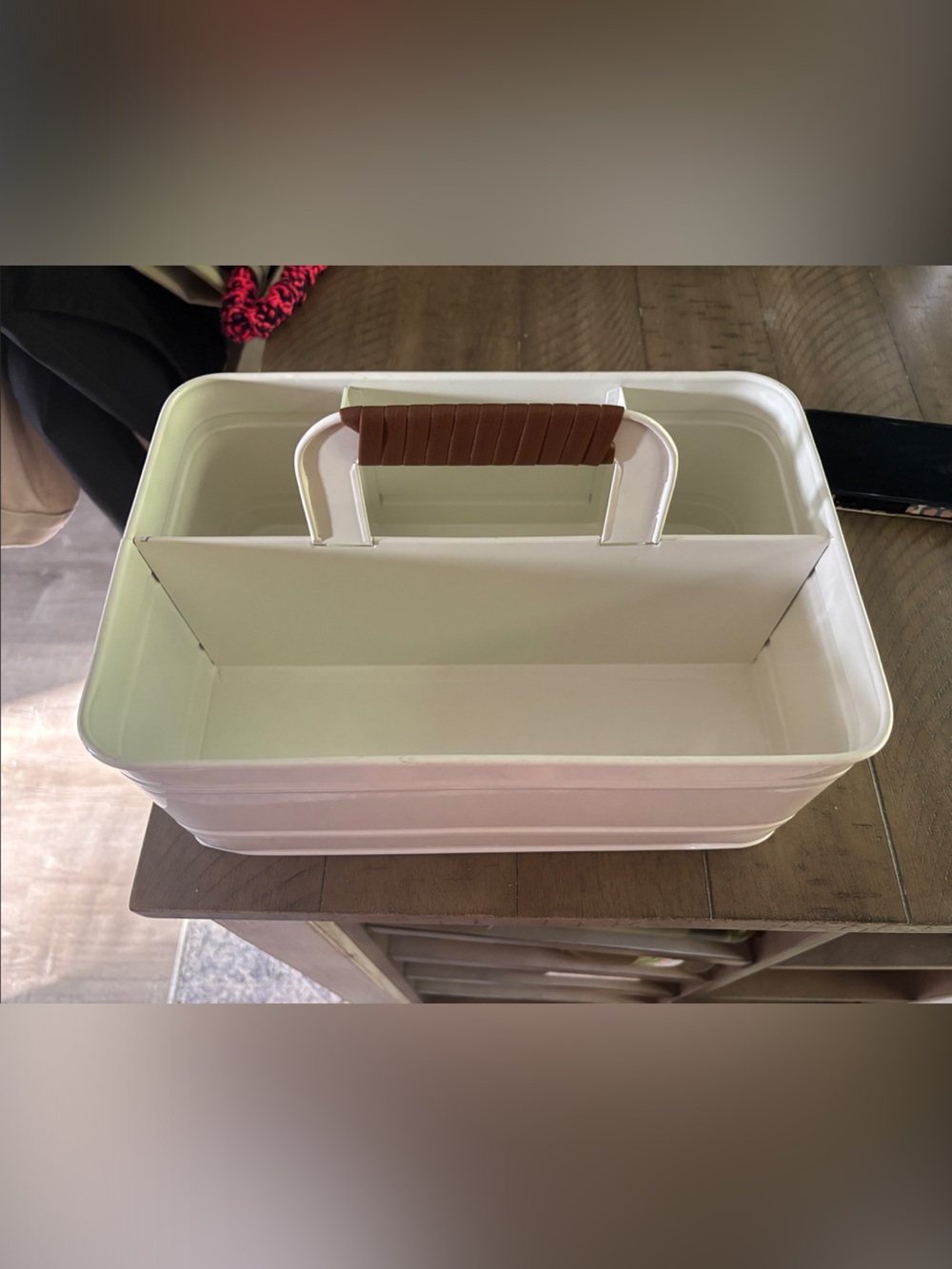 White Metal Organizer Tote with Brown Wrapped Handle - Home Storage